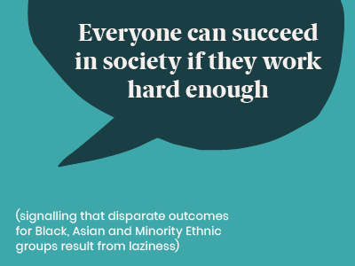 Microagression - saying Everyone can succeed in society if they work hard enough (signalling that disparate outcomes for Black, Asian and Minority Ethnic groups result from laziness)